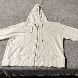 aerie White Zip-Up Hooded Sweatshirt